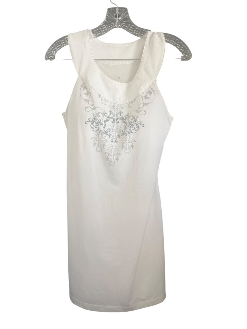 Sleeveless White Tank Top With Silver Floral Print Design Womens Size M